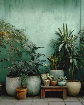 Collection of various potted plants against a rustic teal wall