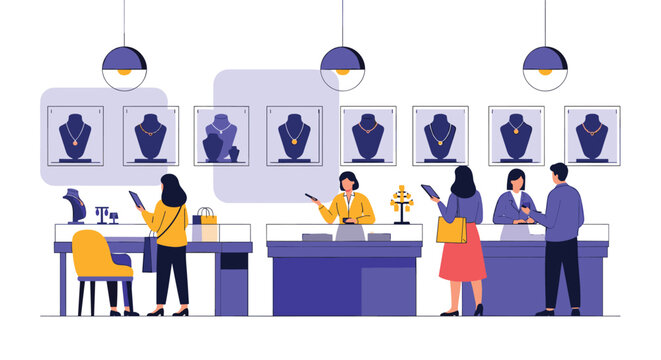 Upscale jewelry store interior is shown with customers browsing displays of necklaces while a salesperson assists them at the counter.