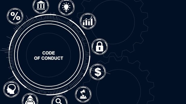 Code of Conduct Concept with Icons and Gears on Dark Blue Background ethics compliance