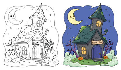 Spooky Inn haunted house stands under a smiling crescent moon for a creative children coloring page © Crafter