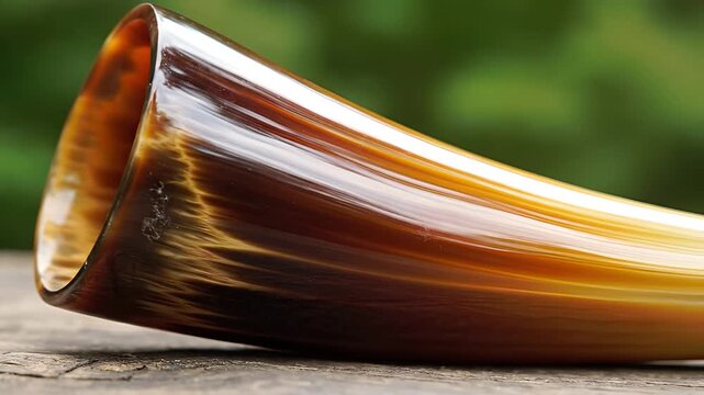 Close up of a polished animal horn on a wooden surface.