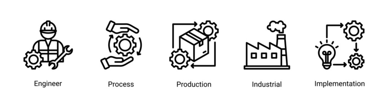 Industrial process icon set featuring engineering,production and implementation workflow vector collection