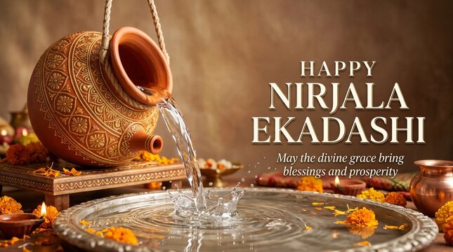Happy Nirjala Ekadashi banner with water pouring from earthen pot vector