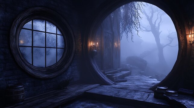 Enigmatic portal: Mystical scene with fog, ancient architecture and round window