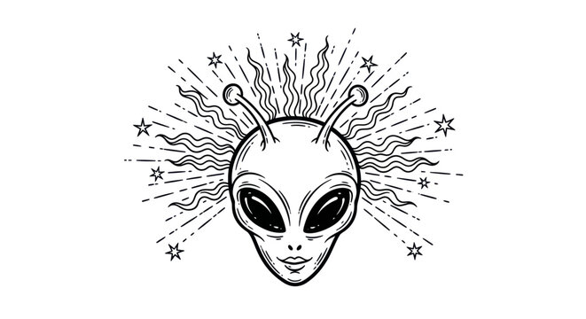 Alien Head with Stars and Rays, Extraterrestrial Being, Cosmic Wonder