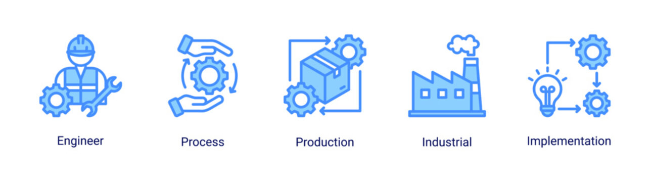 Industrial process icon set featuring engineering,production and implementation workflow vector collection