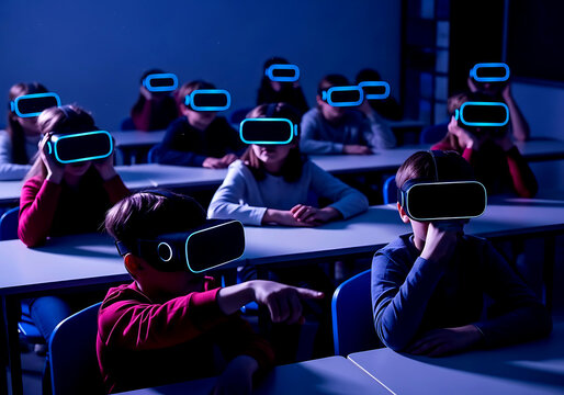 Group of students wearing virtual reality headsets in a dark classroom