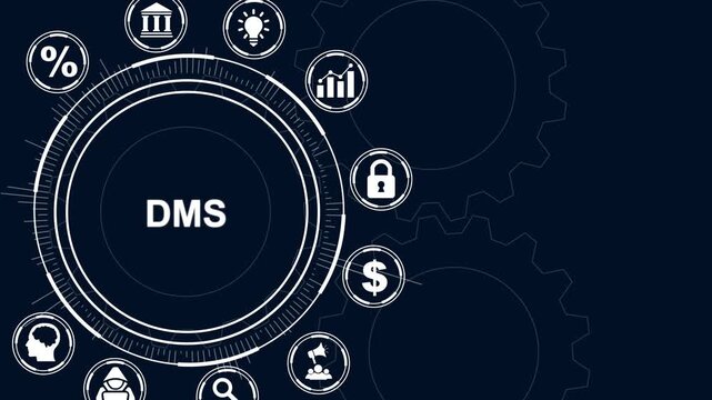 Digital infographic with DMS text in center surrounded by business icons and gears on dark blue background
