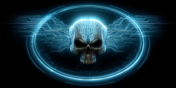 futuristic digital skull with cyber tech design for gaming and sci-fi concepts