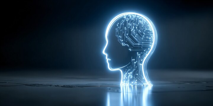 futuristic digital human profile icon with circuitry and glowing light effects