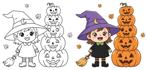 Witch girl stands beside a tall stack of pumpkins and her broomstick for a cute Halloween coloring page © Crafter