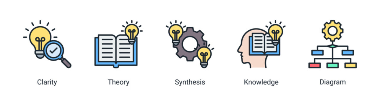 Scientific theory icon set featuring synthesis,knowledge,clarity and analytical diagram vector collection