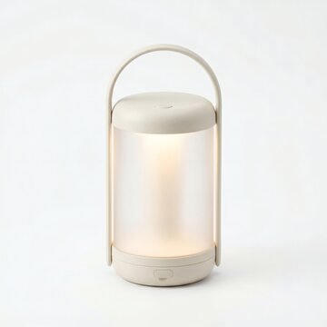 A modern minimalist portable LED lantern with a warm glow and a carrying handle on a white background.