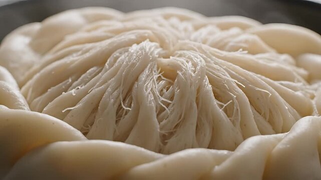 Closeup of a unique dessert with delicate white strands and soft pink undertones.