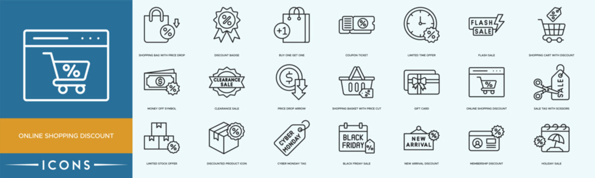 Online Shopping Discount icon set. New Arrival Discount, Black Friday Sale, Cyber Monday Tag, Weekend Sale Sign and Limited Stock Offer