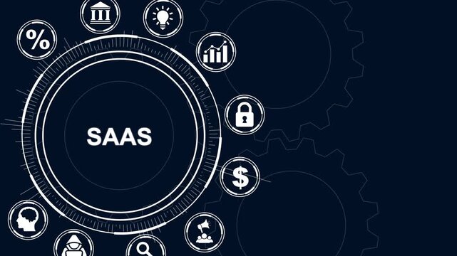 Saa S Software as a Service concept with icons and gears on dark blue background SaaS cloud