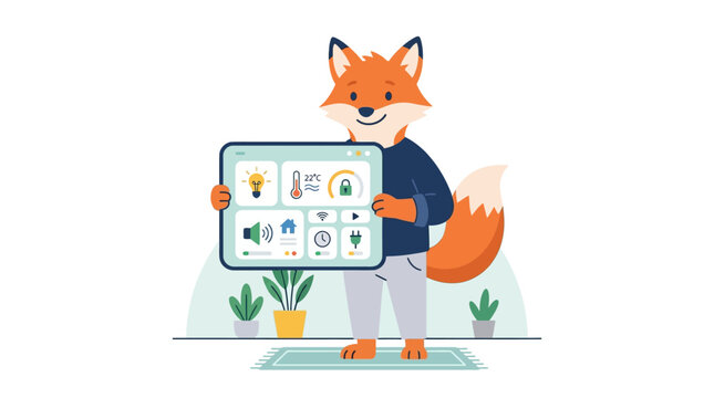 Smart home automation concept with a friendly fox character holding a tablet displaying various controls