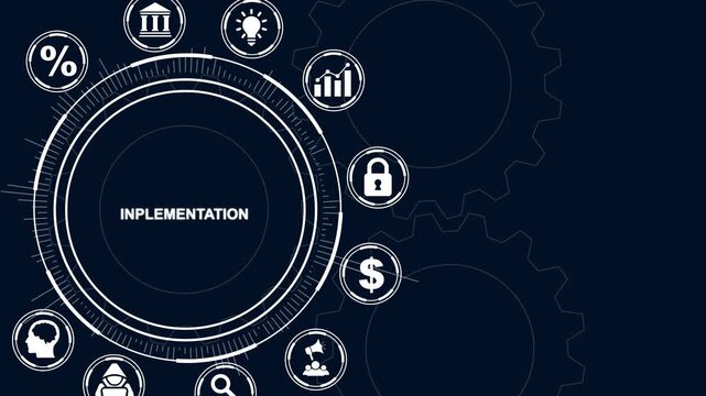 Implementation concept with icons and gears on dark blue background process project
