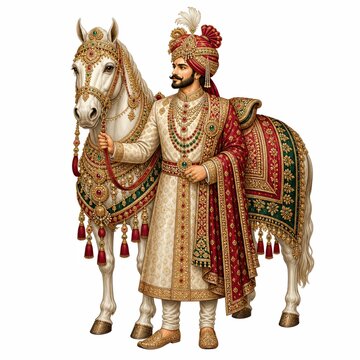 Royal Indian Groom With Decorated Wedding Horse for Baraat Procession, Luxury Matrimonial Branding, Cultural Heritage Promotions, and Traditional Celebration Campaigns