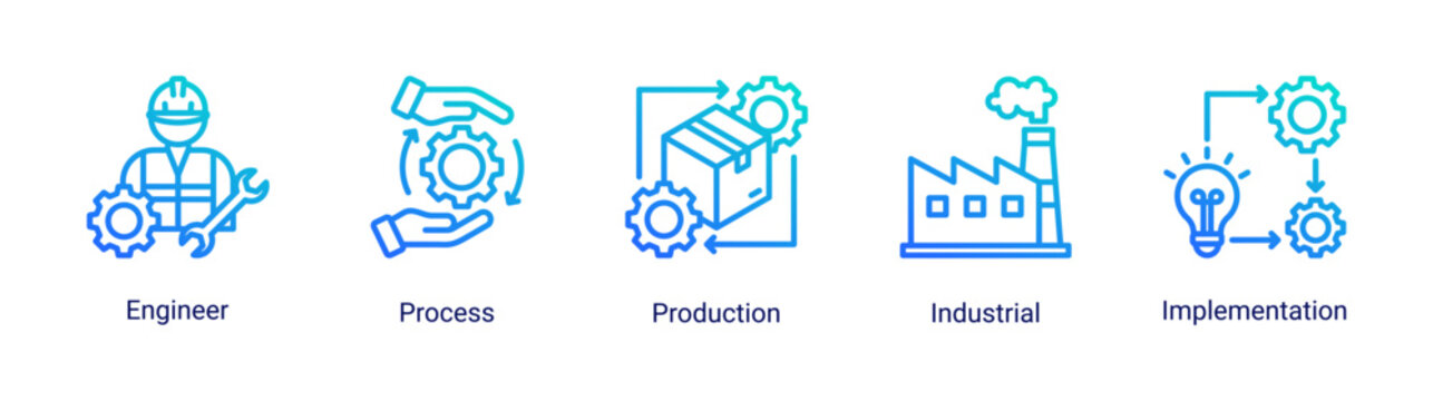 Industrial process icon set featuring engineering,production and implementation workflow vector collection