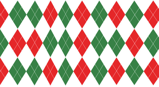 Christmas Argyle Pattern: Red and Green Diamond Shapes on White Background