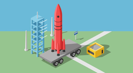 Rocket on a transport truck with launch tower. © aninurkha