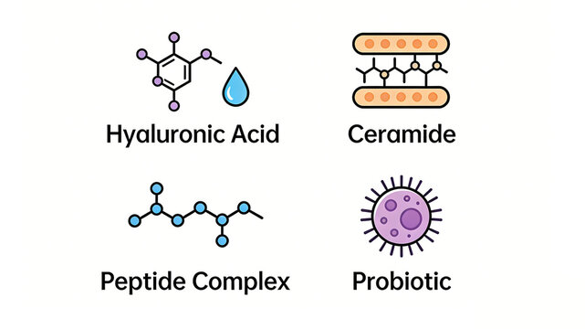 Hyaluronic acid molecules, ceramide layers, and probiotic icons represent the scientific skincare concept of skincare products containing repair and moisturizing core ingredients.
