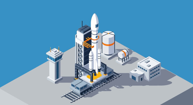 Isometric illustration of a rocket launch site with buildings and facilities.