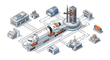 Isometric illustration of a futuristic spaceport with spacecraft and buildings. © aninurkha