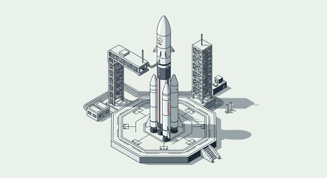 Isometric illustration of a space rocket launchpad.