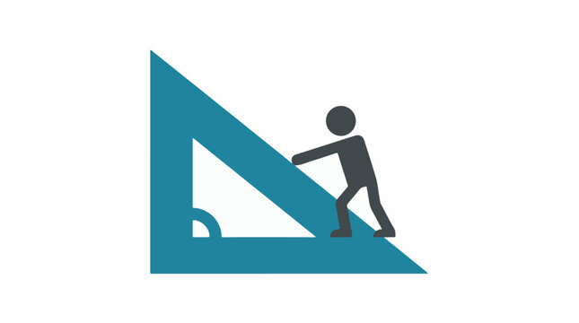Person pushing or climbing a large blue set square ruler