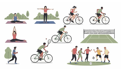 Fototapeta premium Diverse people doing various outdoor sports activities fitness yoga cycling and football vector set