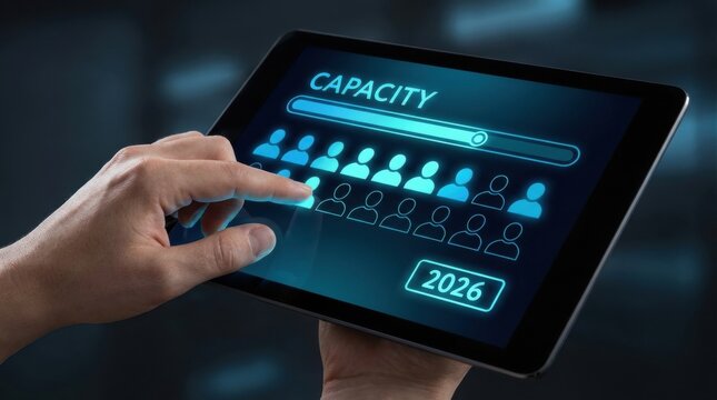 Professional hand interacting with digital tablet display showing capacity loading progress bar and the year twenty twenty six