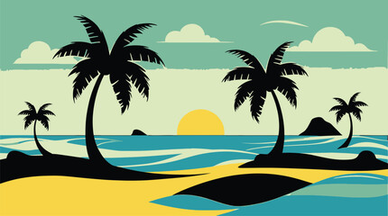 Fototapeta premium A beautiful tropical island beach landscape with palm tree silhouettes against a sunset ocean sky vector illustration for your summer vacation paradise design