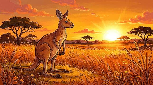 Kangaroo at sunset in australian outback digital illustration