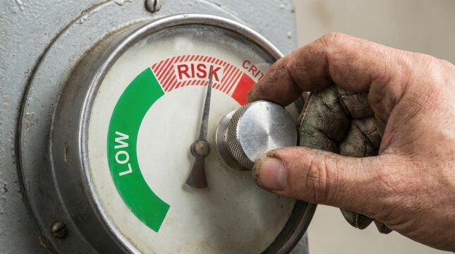 Hand adjusting risk gauge dial from low to high danger on industrial equipment control panel