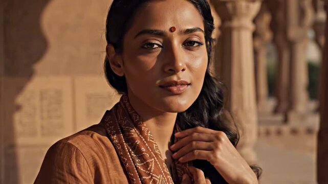 Elegant woman with bindi in warm sandstone corridor, close portrait with rust kurta scarf, soft heritage shadows, calm gaze, refined South Asian cultural beauty and cinematic travel mood in sunlight