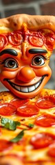 Naklejka premium Pepperoni pizza with goofy eyes and a wide grin, cute, Italian