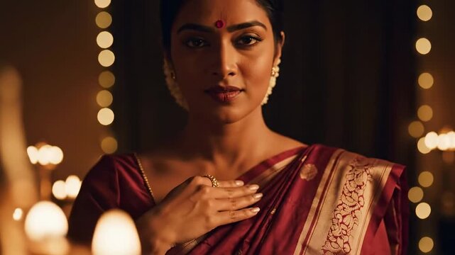 Festive woman with bindi in maroon sari, eyes closed, hand on chest, glowing candle bokeh, intimate celebration atmosphere, refined South Asian beauty and peaceful ceremonial elegance at night