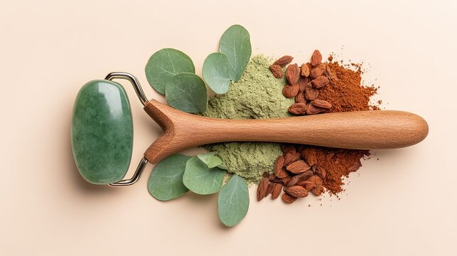 Green jade facial roller resting on organic herbal powder with eucalyptus leaves and brown dried botanical seeds