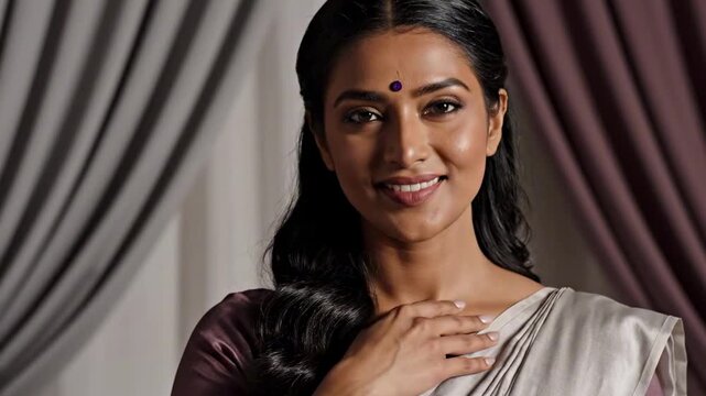 Elegant woman with bindi in silver and mauve sari near draped curtains, hand on chest, calm smile, soft interior light, refined South Asian fashion portrait with graceful serene mood at home