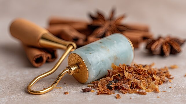 A facial jade stone roller lies next to dried spice flakes and star anise on a textured light surface