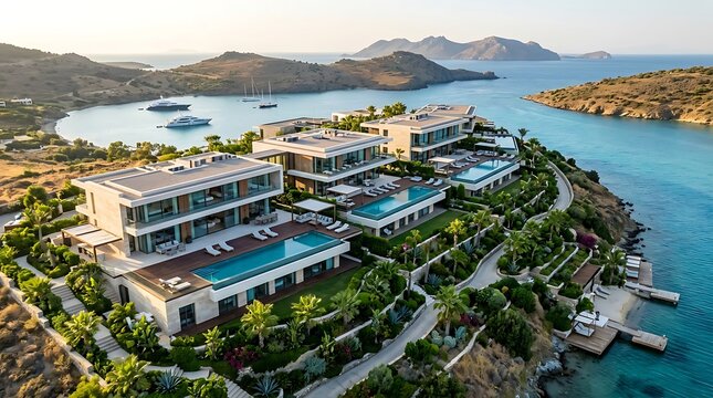 Modern luxury villa complex overlooking a calm bay