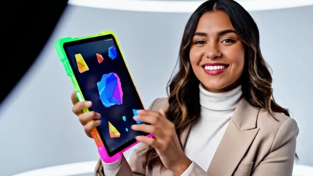 A woman in a beige blazer holds up a colorful tablet with a vibrant interface