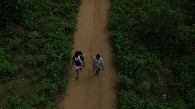 Aerial view of devotees walking on the sacred Govardhan Parvat Parikrama Marg surrounded by lush greenery, Mathura.