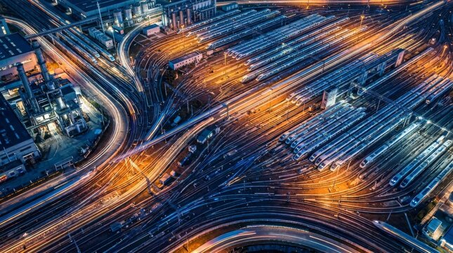 Aerial View of a Busy Industrial Train Yard at Night