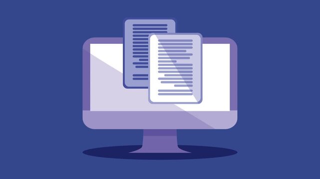 Desktop computer displaying documents on its screen animated motion graphic.