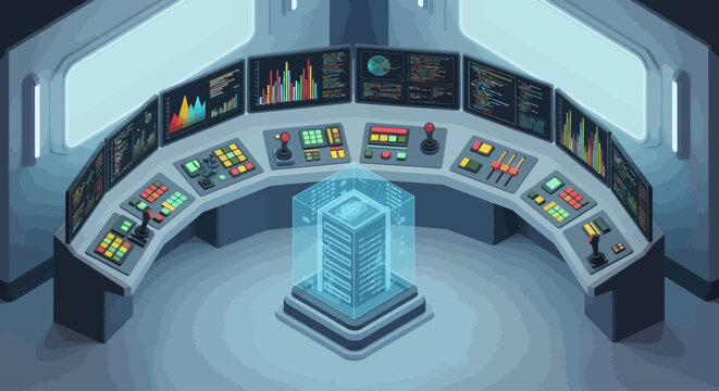 Futuristic control room with computer screens.