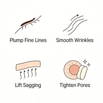 Lines, arrows and skin care icons represent the principle of visual anti-aging skin care, and visually display the skin improvement effect of light lines, firmness and fine pores.
