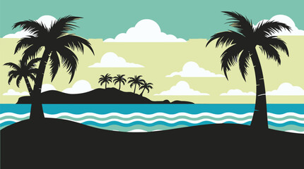 Obraz premium A beautiful tropical island beach landscape with palm tree silhouettes against a sunset ocean sky vector illustration for your summer vacation paradise design